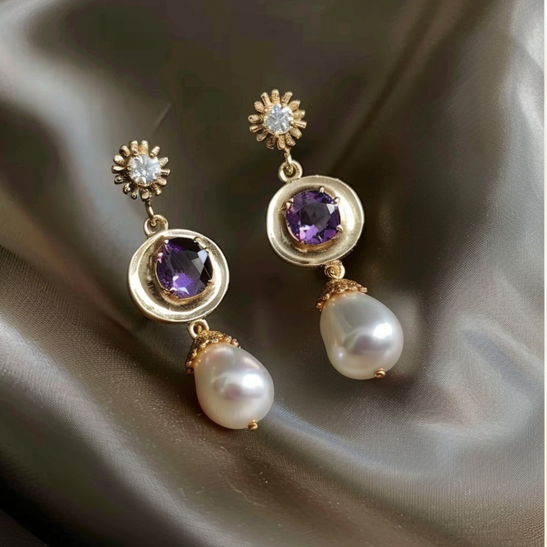 Halle | Rounded Golden Purple Zirconia Pearl Earrings