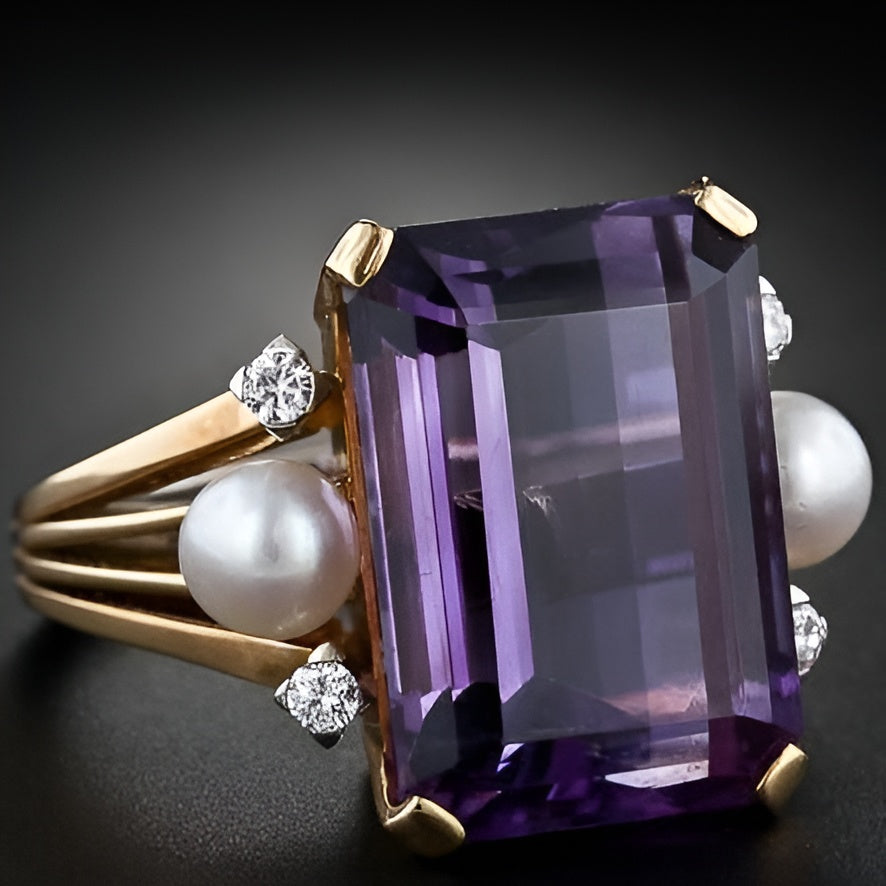Laney | Vintage Purple Glass Pearl Golden Ring