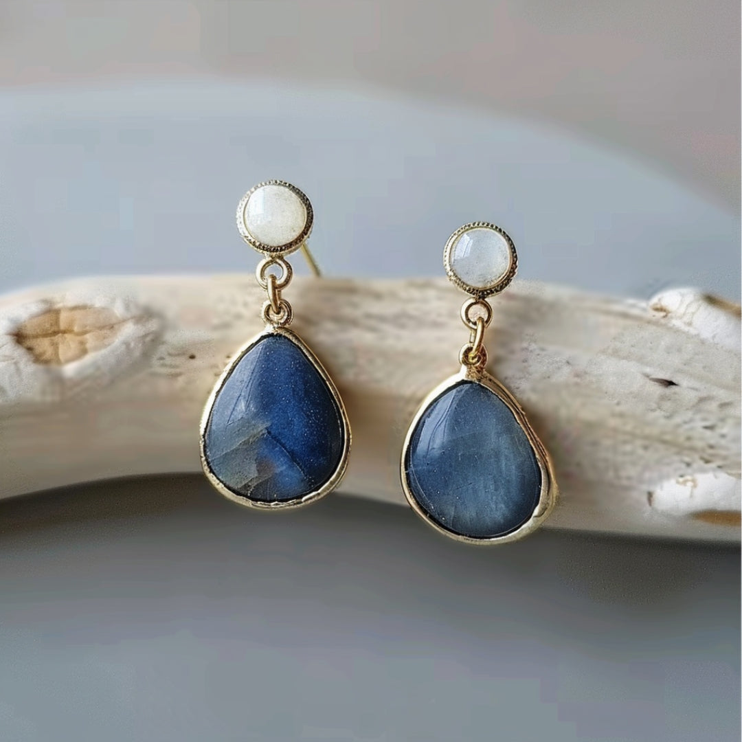 Elani | Blue Inlaid Drop Stone Pearl Earrings