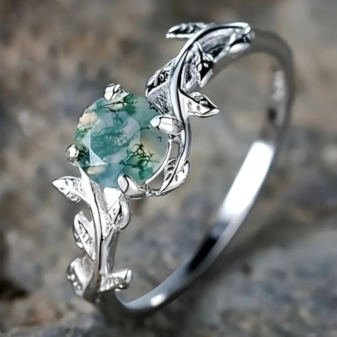 Sarai| Vintage Green Stone Silvered Ring