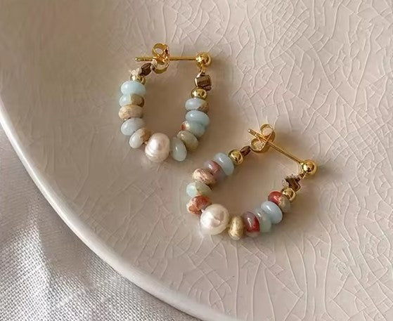 Alma | Natural Stone Beaded Pearl Earrings
