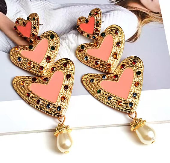 Mae | Pink Heart Beaded Pearl Drop Earrings