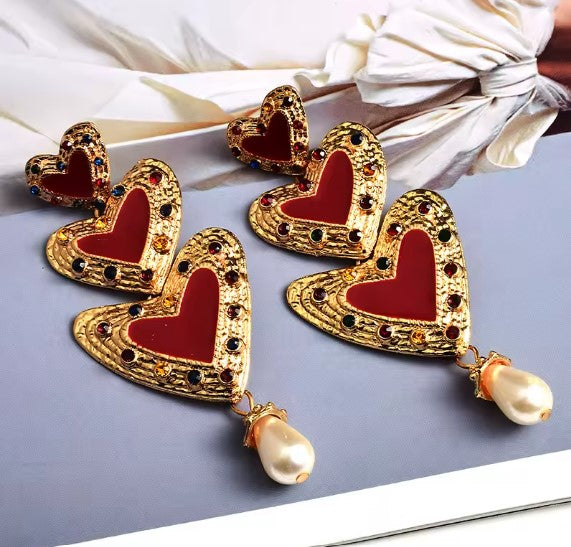 Noemi | Red Heart Beaded Drop Pearl Earrings
