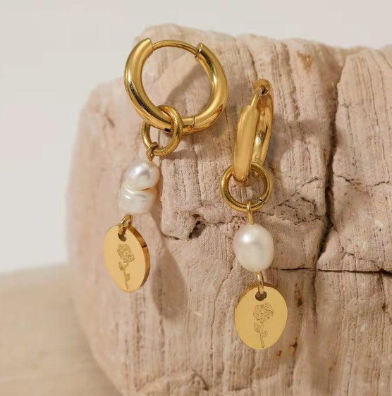 Amalia | Elegant Pearl Carved Rose Drop Earrings