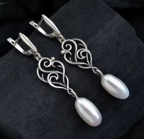 Legacy | Exquisite Flower Pearl Dangle Silver Earrings