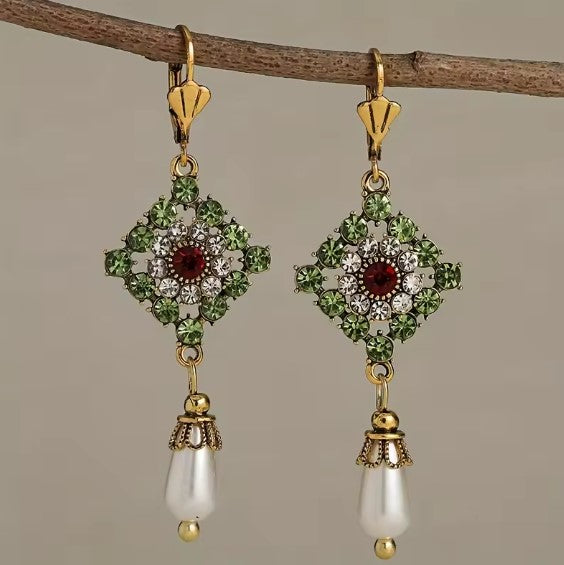 Goldie | Dazzling Red Stone Pearl Dangle Earrings