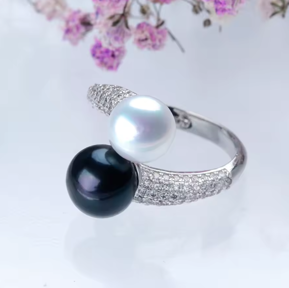 Jream | Double Natural Pearl Zircon Adjustable Silver Ring