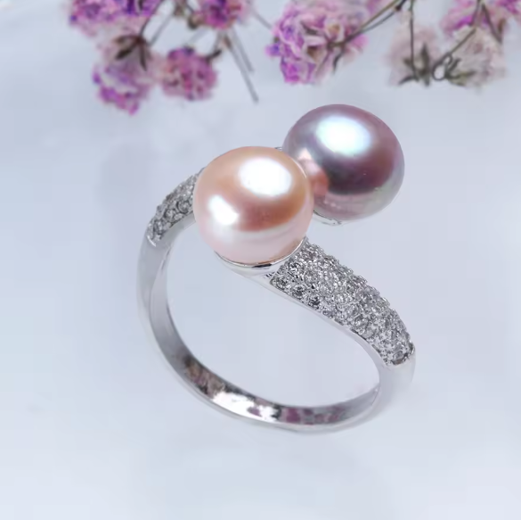 Sevyn | Vintage Natural Pink Pearl Zircon Adjustable Silver Ring