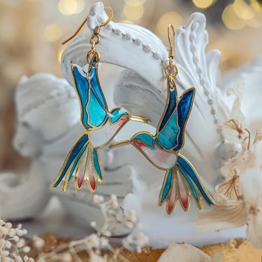 Macie | Vintage Blue Enamel Hummingbird Earrings