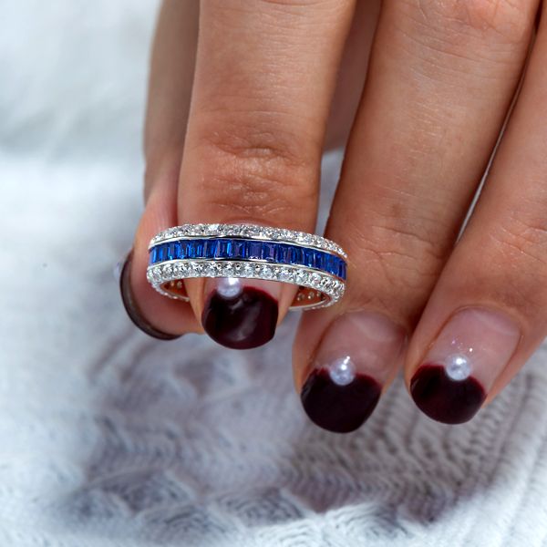 Aubree | Triple Row Created White & Blue Sapphire Eternity Wedding Band