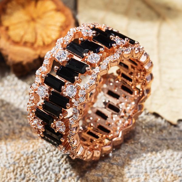 Tatum | Black Baguette Cut Rose Gold Eternity Wedding Band For Women