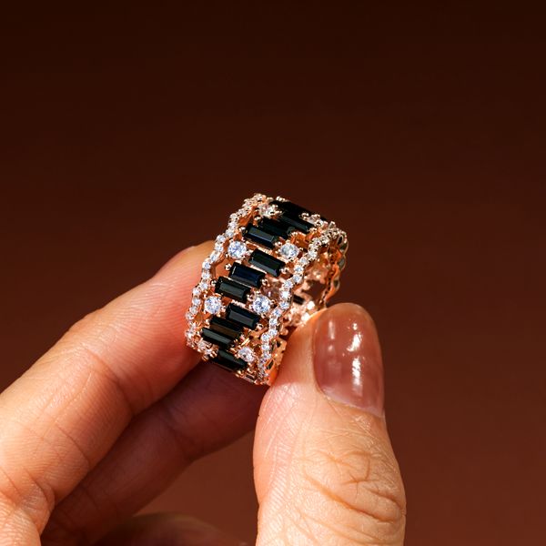 Tatum | Black Baguette Cut Rose Gold Eternity Wedding Band For Women