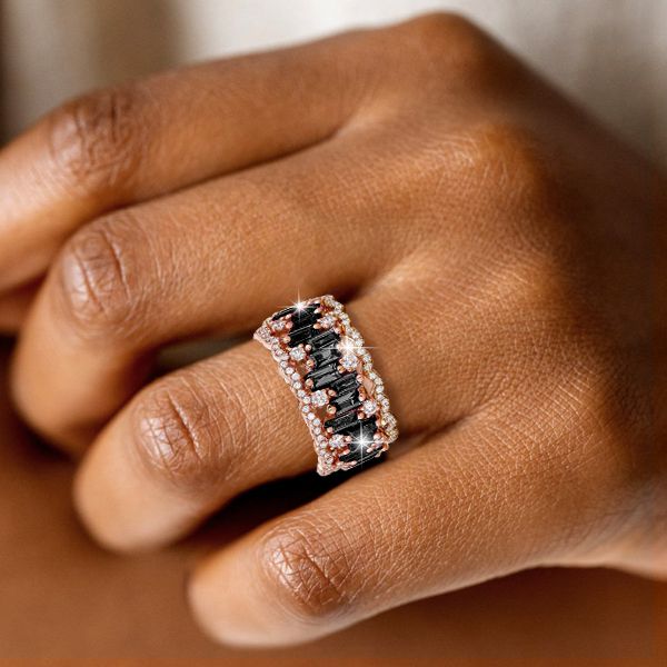 Tatum | Black Baguette Cut Rose Gold Eternity Wedding Band For Women