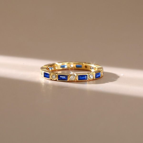 Whitley | Bezel Baguette Blue Sapphire Eternity Wedding Band For Women