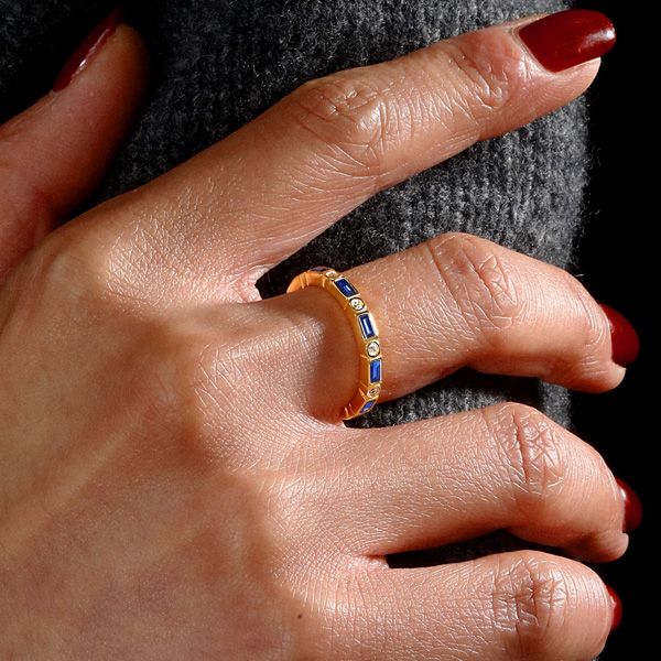 Whitley | Bezel Baguette Blue Sapphire Eternity Wedding Band For Women
