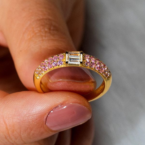 Malia | Micro Pave Baguette Pink Stone Half Eternity Wedding Band