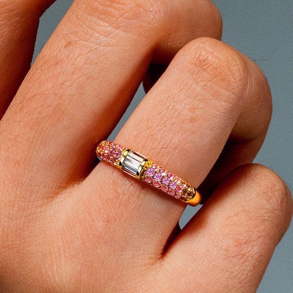 Malia | Micro Pave Baguette Pink Stone Half Eternity Wedding Band