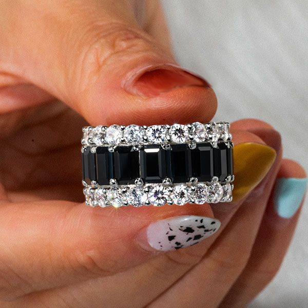 Freya | Triple Row Created Emerald Black Sapphire Wedding Band