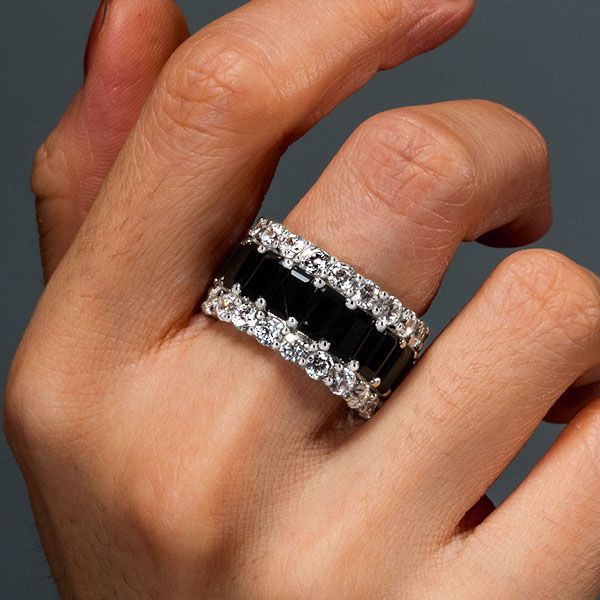 Freya | Triple Row Created Emerald Black Sapphire Wedding Band
