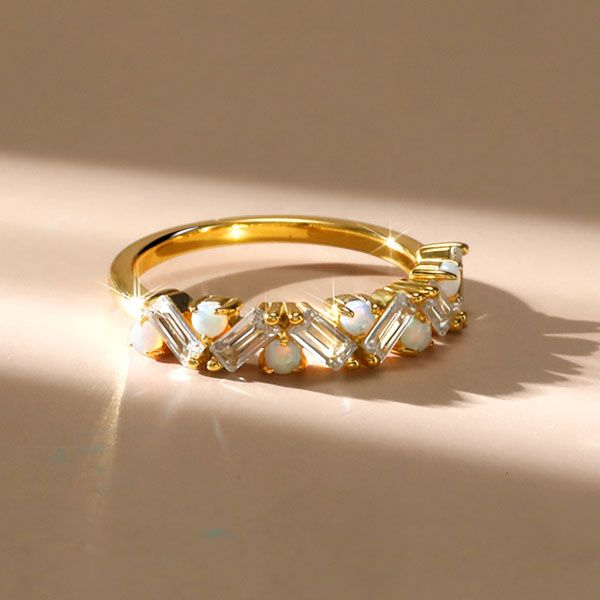 Presley | Opal Ring Baguette Wedding Band Half Eternity Band For Women