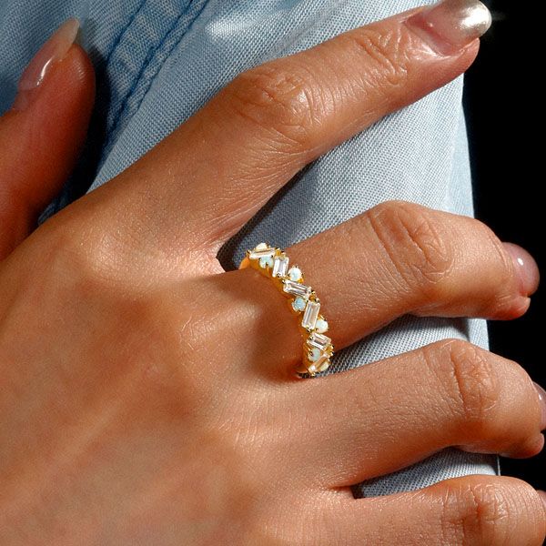 Presley | Opal Ring Baguette Wedding Band Half Eternity Band For Women