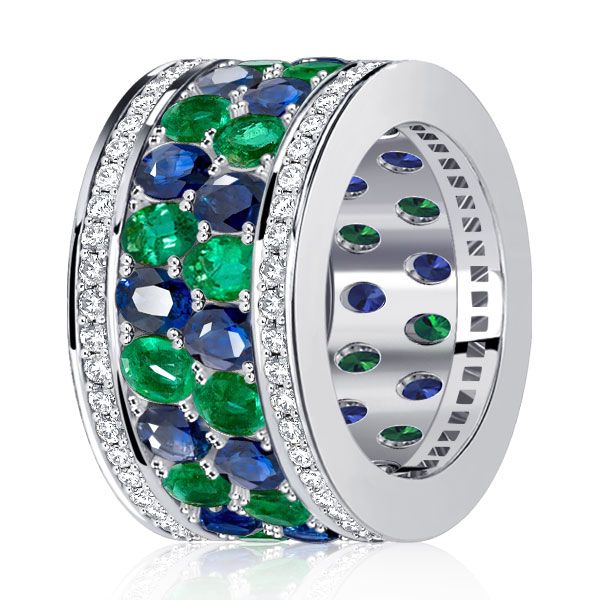 Dani |Oval Cut Blue & Emerald Band Multi Row Wedding Band
