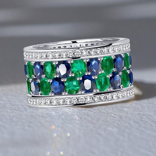 Dani |Oval Cut Blue & Emerald Band Multi Row Wedding Band
