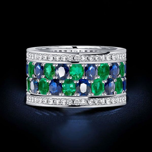 Dani |Oval Cut Blue & Emerald Band Multi Row Wedding Band