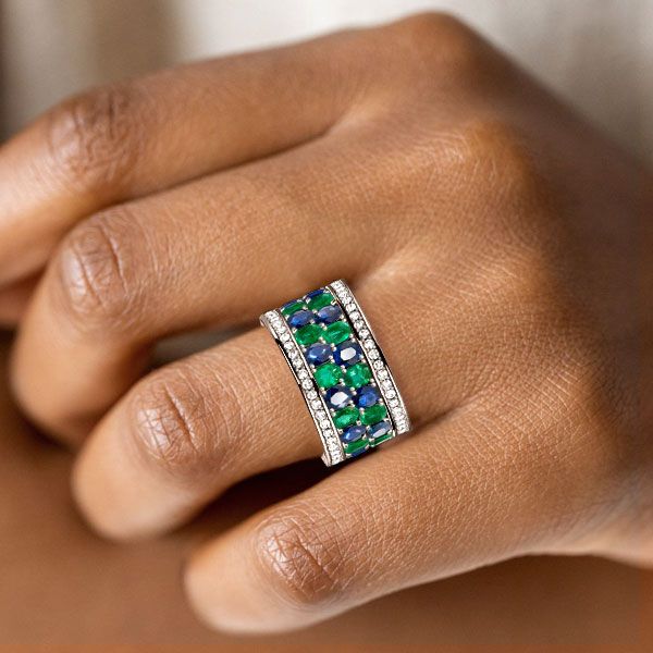 Dani |Oval Cut Blue & Emerald Band Multi Row Wedding Band