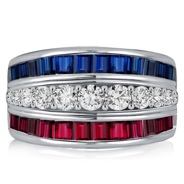 Arely | Triple Row Blue Sapphire Wedding Band Ruby Ring