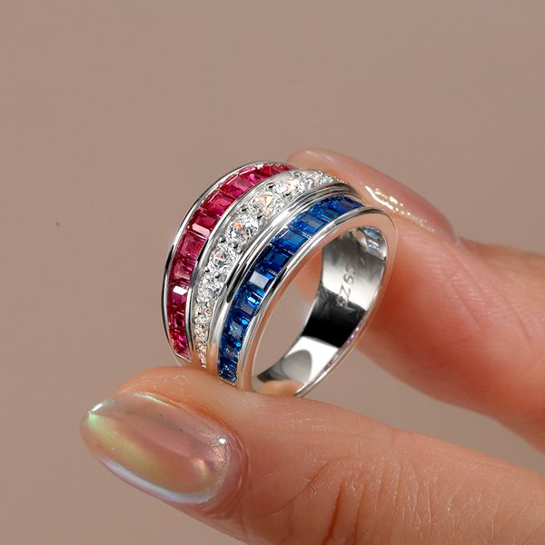 Arely | Triple Row Blue Sapphire Wedding Band Ruby Ring