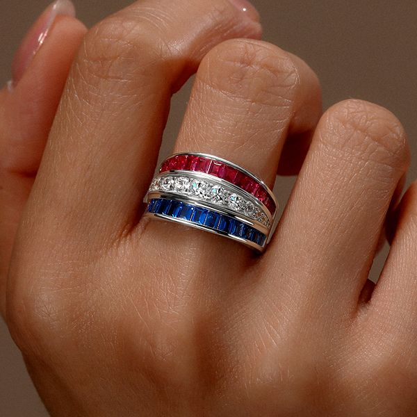 Arely | Triple Row Blue Sapphire Wedding Band Ruby Ring