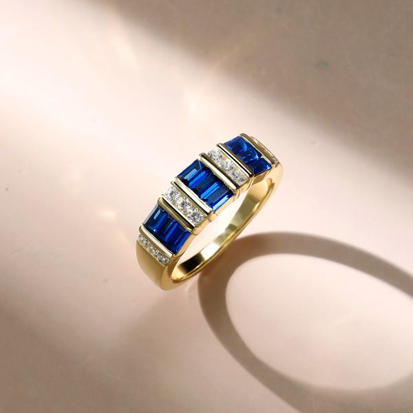 Emory | Golden Emerald Cut Blue Sapphire Wedding Band