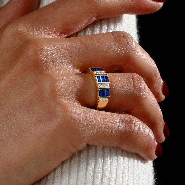 Emory | Golden Emerald Cut Blue Sapphire Wedding Band