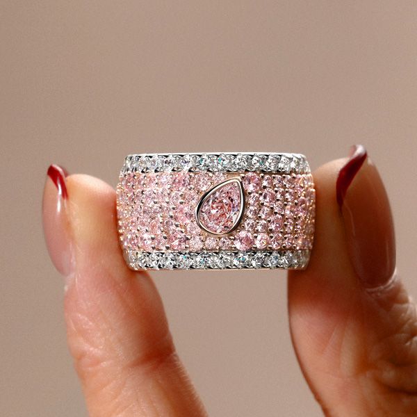 Loretta | Micro-pave Emerald & Pear Shaped Pink Stone Multi Row Band