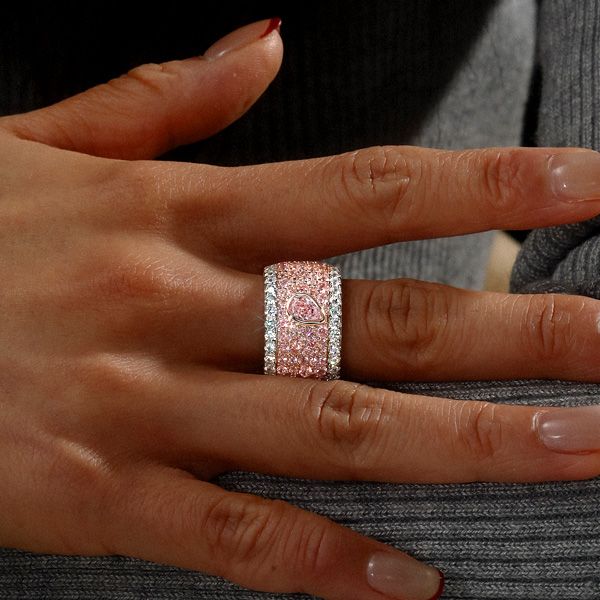 Loretta | Micro-pave Emerald & Pear Shaped Pink Stone Multi Row Band