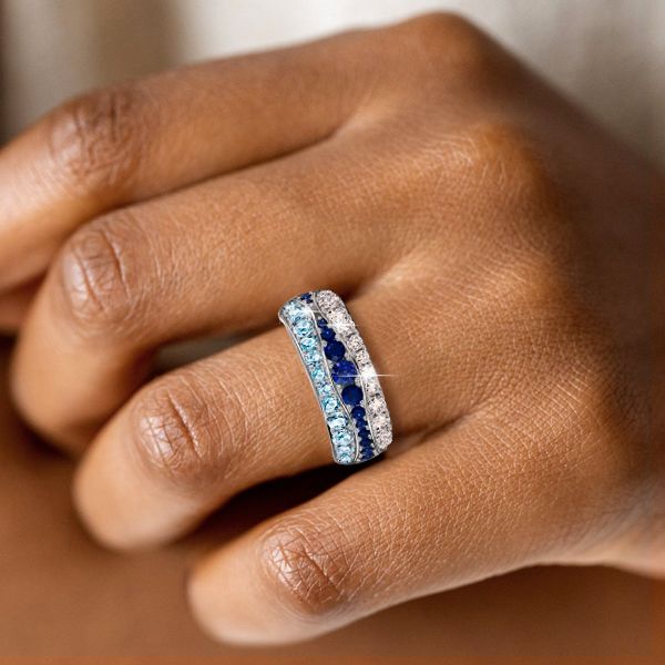 Zendaya | Multi Row Blue Sapphire Half Eternity Band Aquamarine Ring