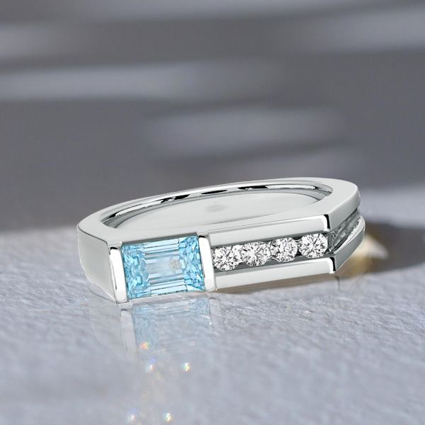 Amaia | Bar Setting Emerald Cut Aquamarine Wedding Band Vintage
