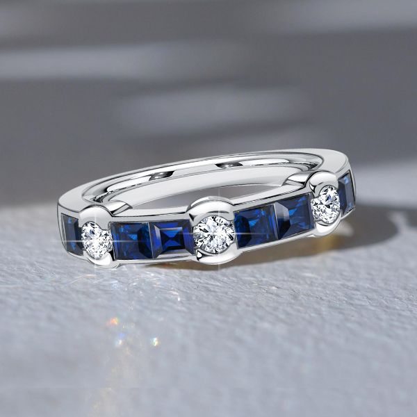 Maci | Channel Set Asscher Cut Blue Sapphire Half Eternity Band Ring