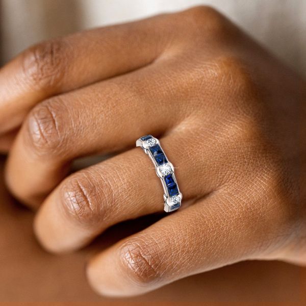 Maci | Channel Set Asscher Cut Blue Sapphire Half Eternity Band Ring
