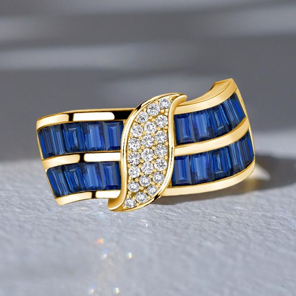 Diana | Baguette Cut Blue Sapphire Wide Band Rings For Ladies