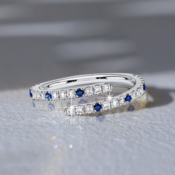 Ruth | Spiral Design White & Blue Sapphire Round Cut Wedding Band