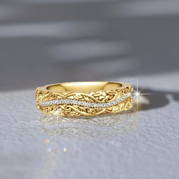 Jazmine | Golden Floral White Sapphire Filigree Eternity Wedding Band For Women