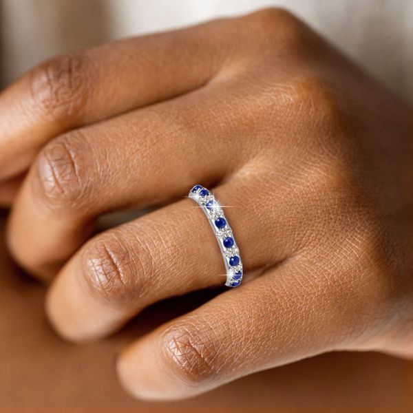 Keily | Round Cut White & Blue Sapphire Cabochon Eternity Band Ring