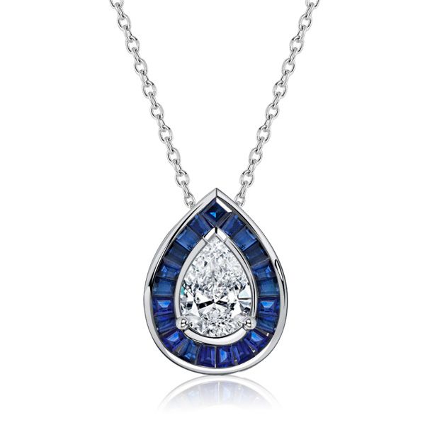 Dafne | Pear Cut Blue Sapphire Necklace Halo Pendant Necklace