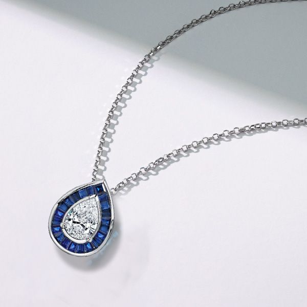 Dafne | Pear Cut Blue Sapphire Necklace Halo Pendant Necklace