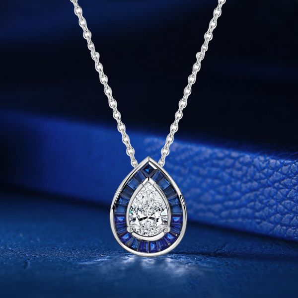 Dafne | Pear Cut Blue Sapphire Necklace Halo Pendant Necklace