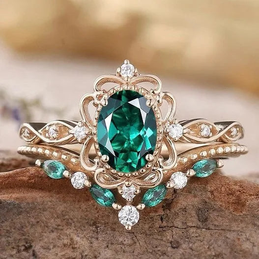 Monica | Luxury Green & White Stone Gold Flower Ring Set for Women