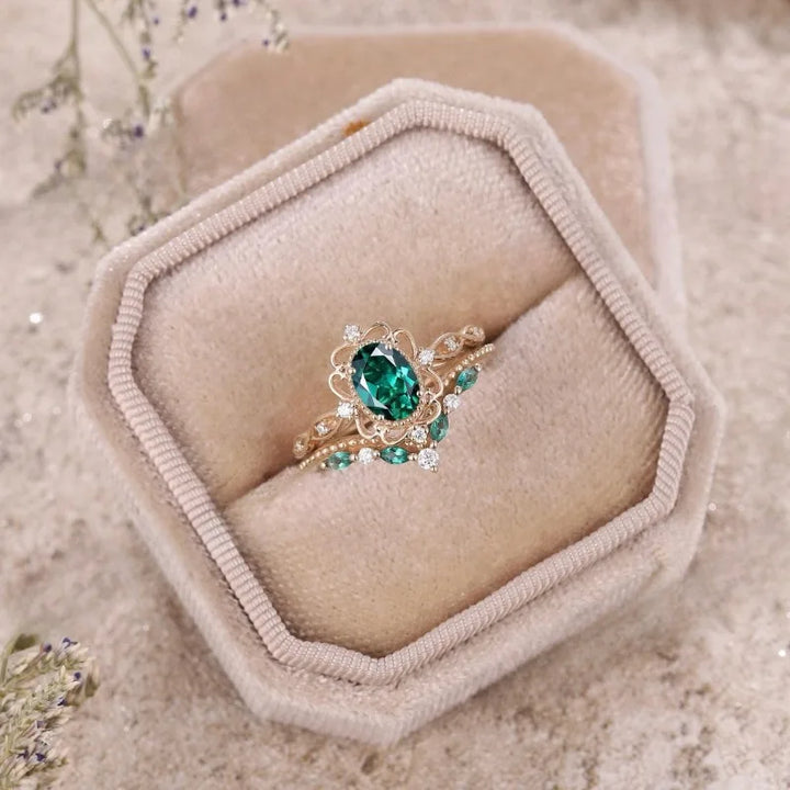 Monica | Luxury Green & White Stone Gold Flower Ring Set for Women