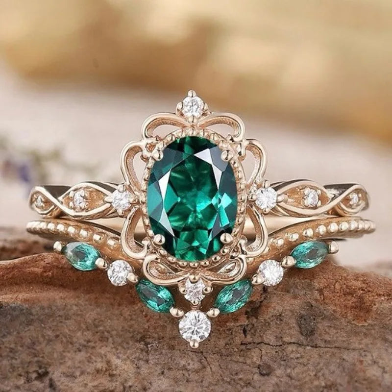 Monica | Luxury Green & White Stone Gold Flower Ring Set for Women